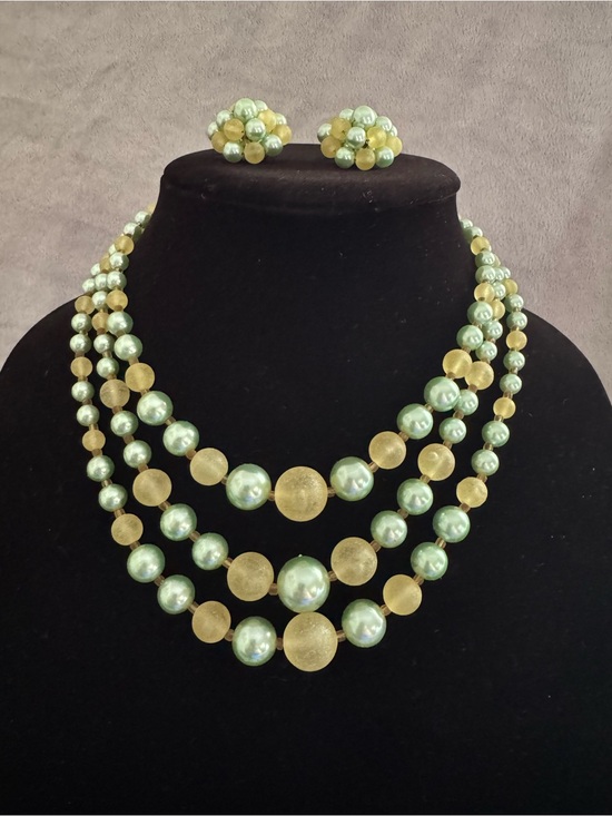 JAPAN Jewelry - Vintage JAPAN Multi-Strand Green and Yellow Bead Necklace with Matching Earrings